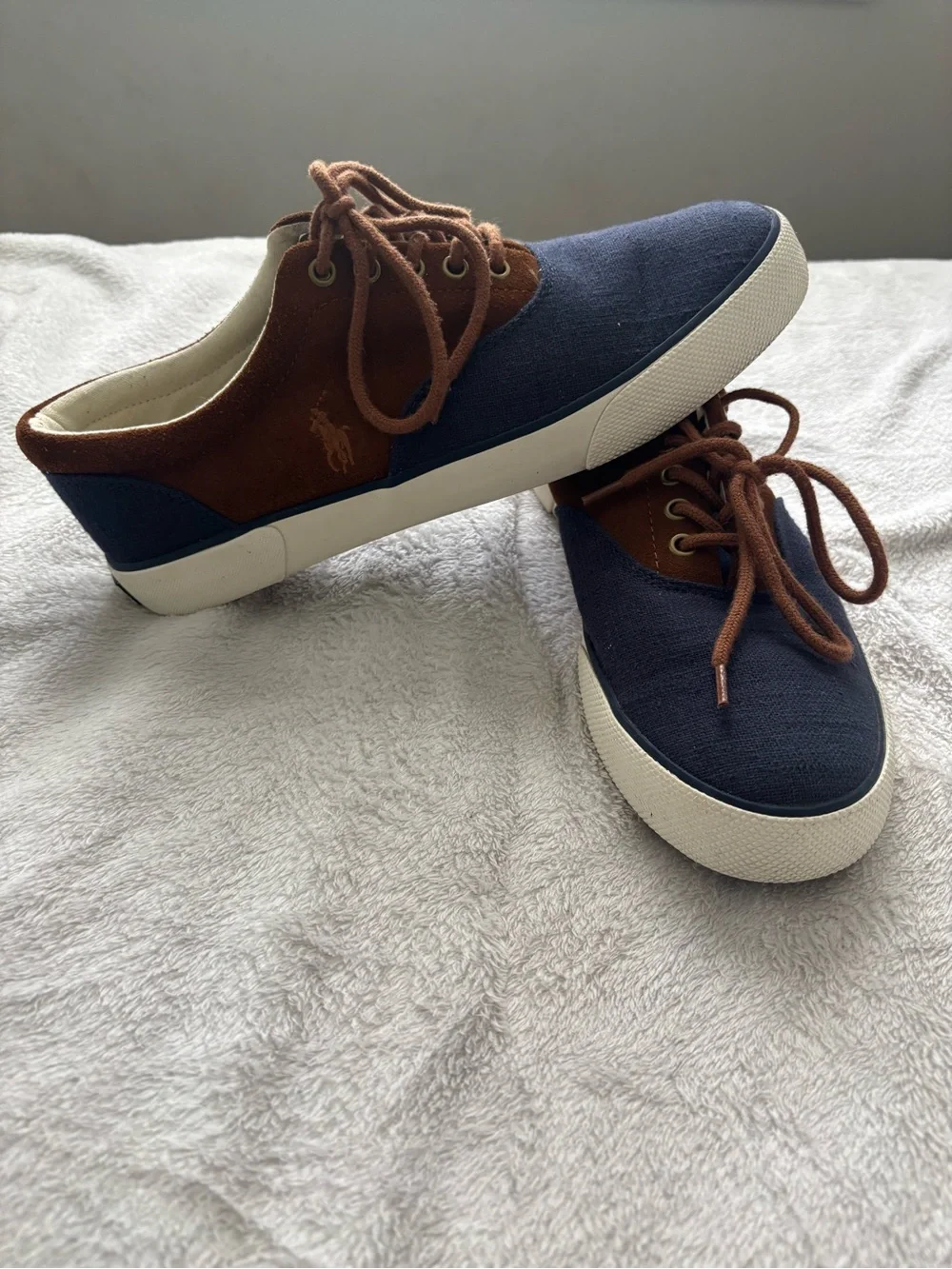 Ralph Lauren Men Two-Tone Navy and Brown Canvas Boat Shoes Size 9.5